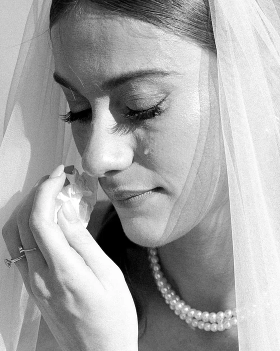 Bride crying during outdoor wedding ceremony at private estate in Provence, destination wedding in Greoux-les-Bains